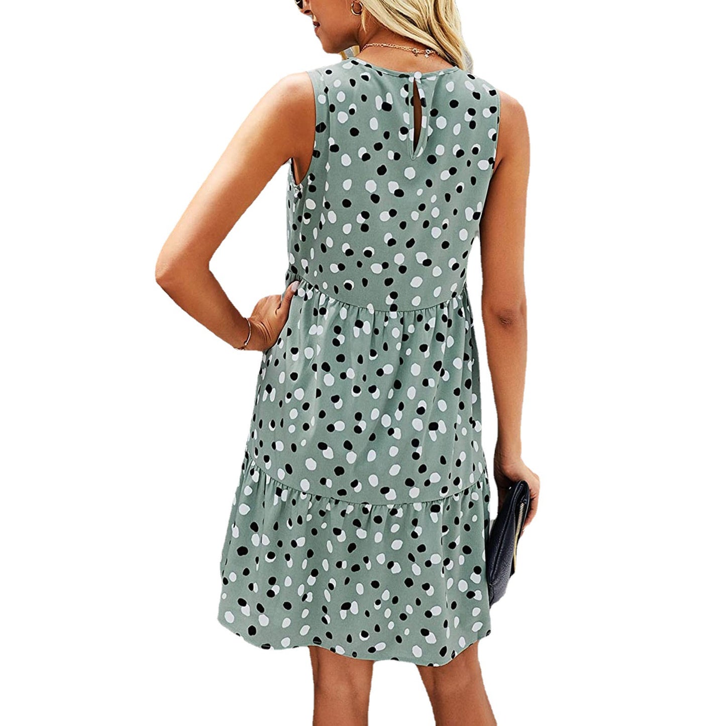 Women's Summer Sleeveless O Neck Dress with Dots Print