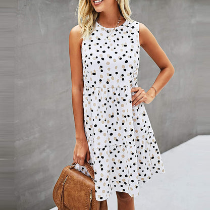 Women's Summer Sleeveless O Neck Dress with Dots Print