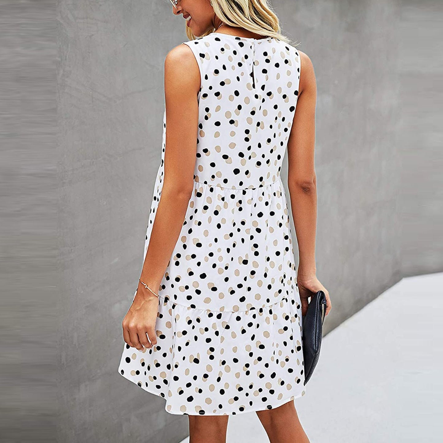 Women's Summer Sleeveless O Neck Dress with Dots Print